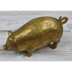 Vintage Small Solid Brass Pig Figurine Farmhouse Cottagecore 3.5" Long/2" High